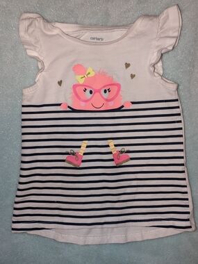 Carter's White & Navy Striped Tank with Pink Character Graphic